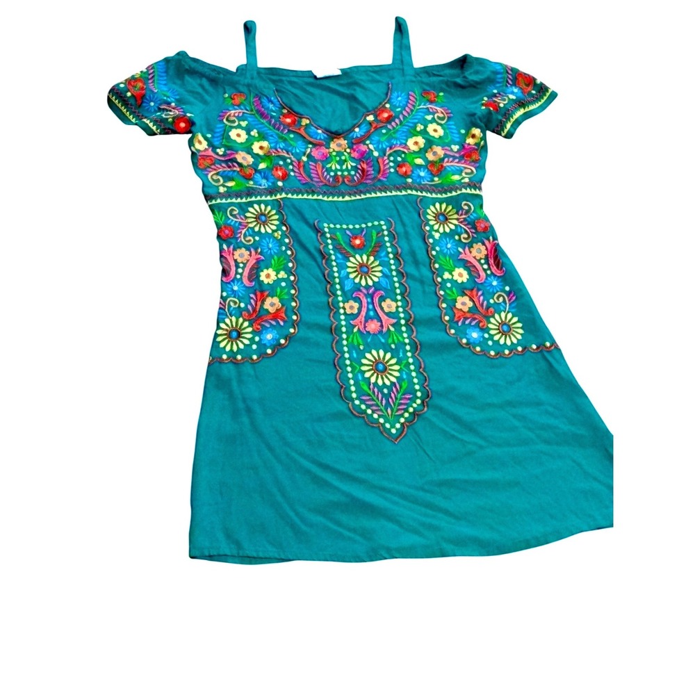 Embroidered Teal Cold-Shoulder Dress